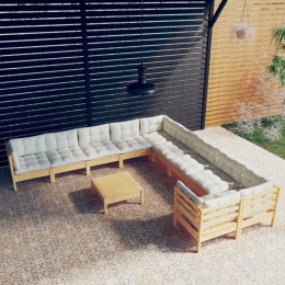  11-cz. zestaw wypoczynkowy do ogrodu, kremowe poduszki, sosnowy