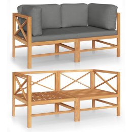 2-os. sofa ogrodowa z szarymi poduszkami, lite drewno tekowe