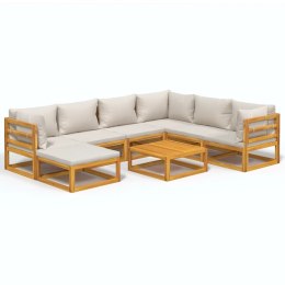 8-cz. ogrodowy zestaw wypoczynkowy, jasnoszare poduszki, drewno