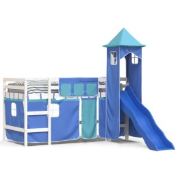  Dziecięce łóżko na antresoli, z wieżą, niebieskie, 90x200 cm
