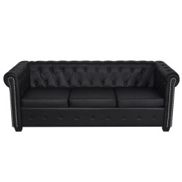 Sofa 3-osobowa w stylu Chesterfield, sztuczna skóra, czarna
