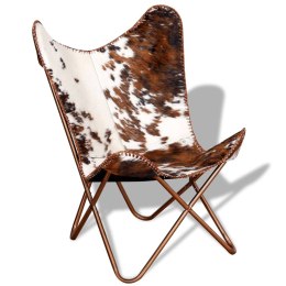 VidaXL Krzesło motyl, brązowo-białe, prawdziwa skóra bydlęca