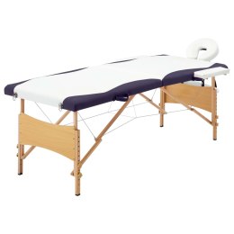 Składany stół do masażu, 2-strefowy, drewniany, biało-fioletowy