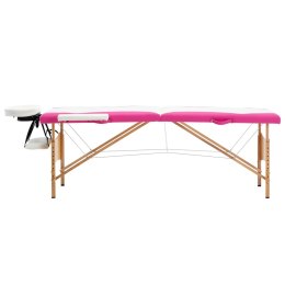 Składany stół do masażu, 2-strefowy, drewniany, biało-różowy