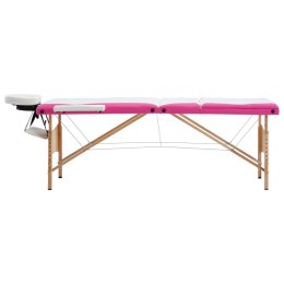 Składany stół do masażu, 3-strefowy, drewniany, biało-różowy