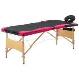 Składany stół do masażu, 3-strefowy, drewniany, czarno-różowy